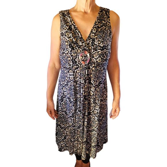 R&K Originals Black Ivory Midi Dress 10 Boho Geometric Sleeveless V Neck Modest - Picture 1 of 9